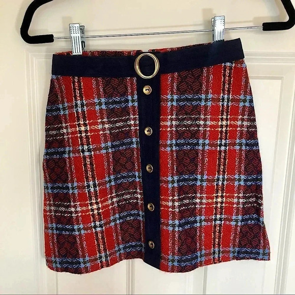 Hand Crafted Dresses & Skirts - 𝅺Vintage Handmade MCM Red/blue tweed trendy mini skirt size‎ XXS